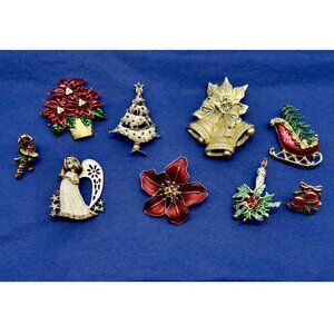 Lot of Nine Vintage Christmas Brooches Pins Lapel Pin Gerry's Avon BJ & Unmarked